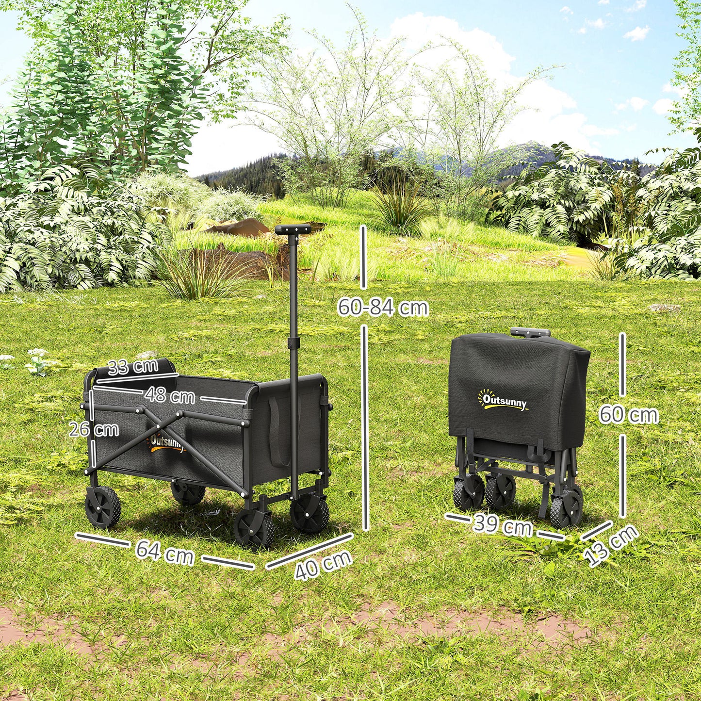 Outsunny 41L Festival Trolley on Wheels, Compact Garden Folding Trolley Cart, 60kg Heavy Duty Collapsible Foldable Wagon with Adjustable Handle and Carrying Bag for Beach, Camping, Festival, Black