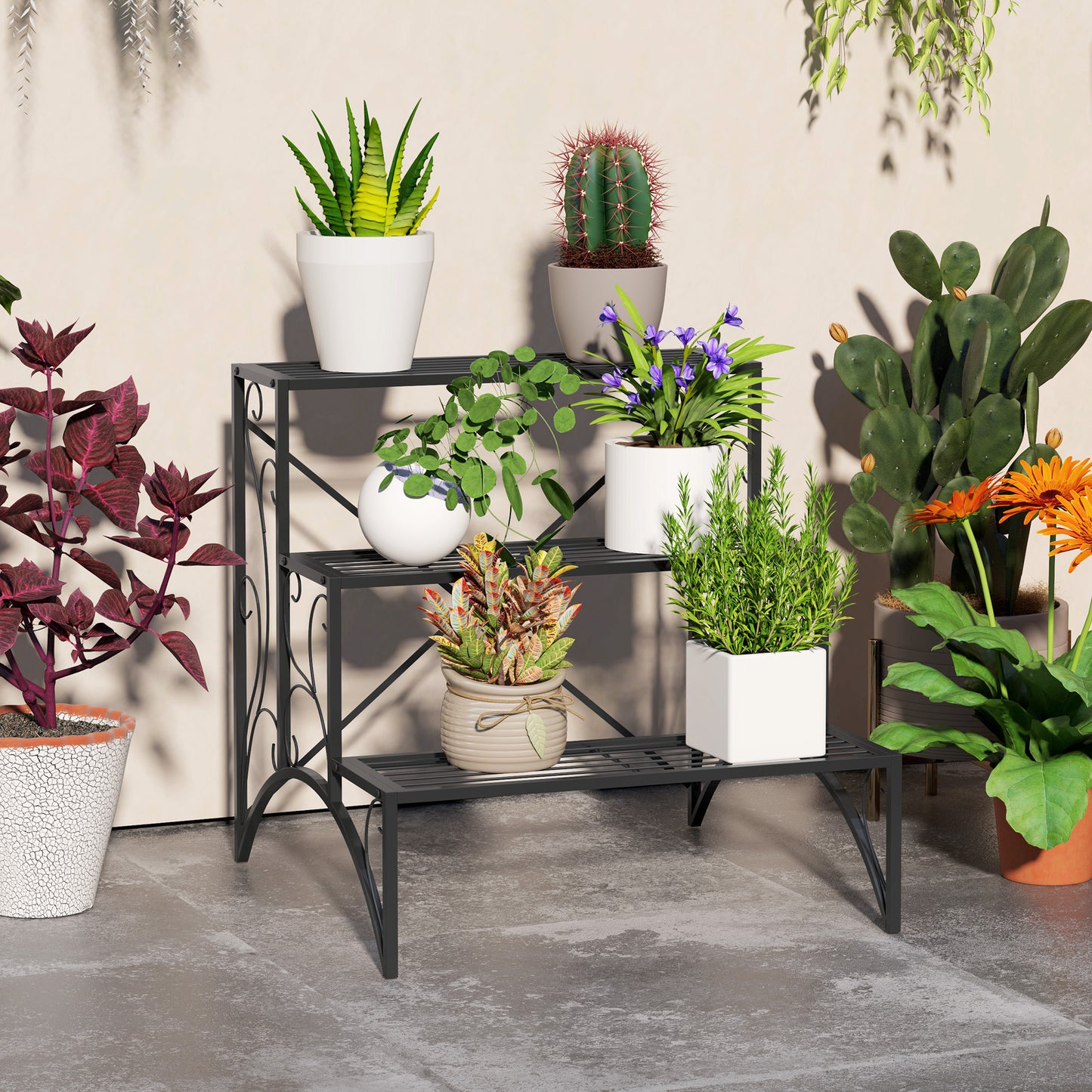 Outsunny Three-Tier Decorative Metal Plant Stand - Black