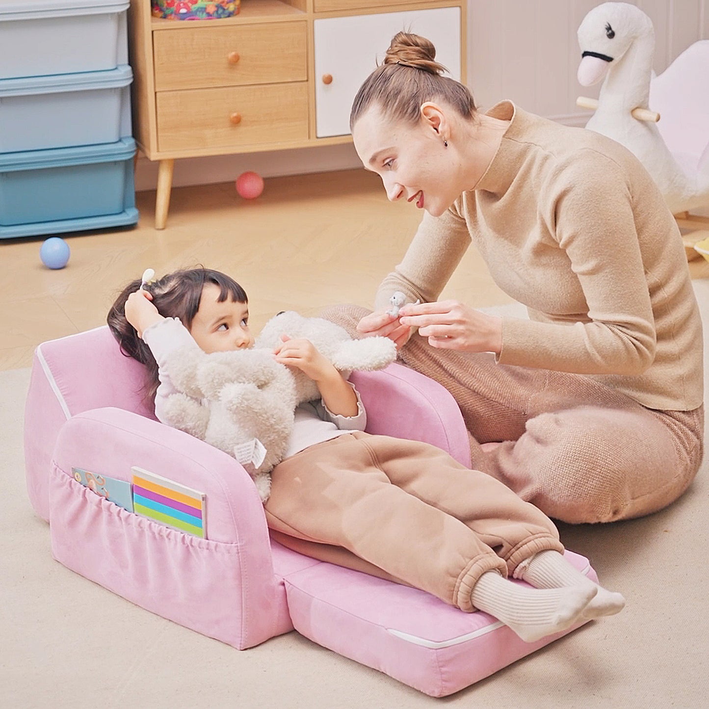 HOMCOM 2-in-1 Kids Armchair, Toddler Sofa Bed, with Wood Frame, for Bedroom, Playroom - Pink