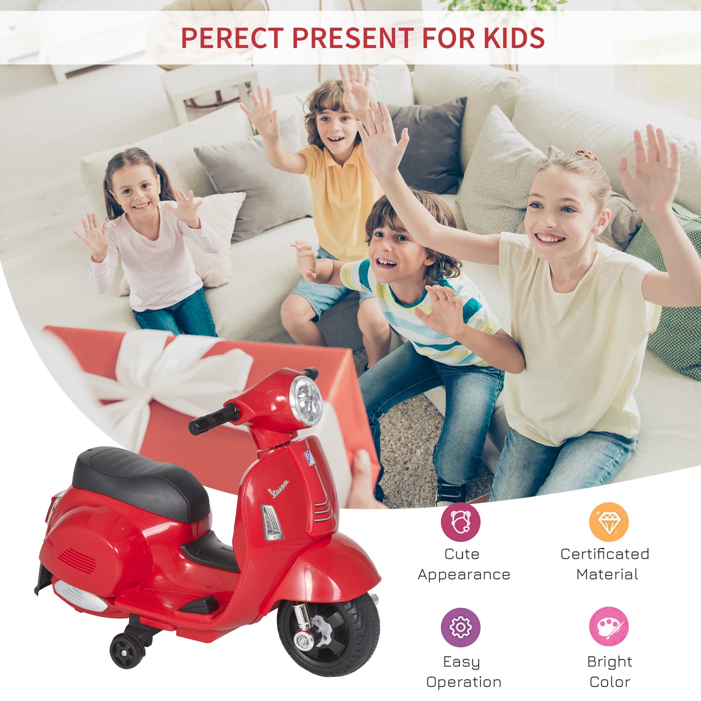 HOMCOM Vespa Licensed 6V Kids Electric Motorbike Ride On Motorcycle  Battery Powered for 18-36 Months with Horn Light Red