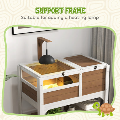 PawHut Wooden Tortoise House, with Shelter, Run, Shelf, Lamp Holder, Tray - Brown