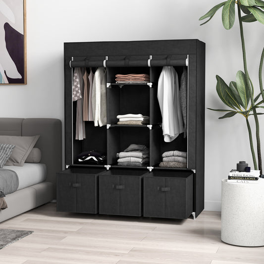 HOMCOM Foldable Fabric Wardrobe for Bedroom, Portable Wardrobe with 5 Shelves, 2 Hanging Rails and 3 Fabric Drawers, Black