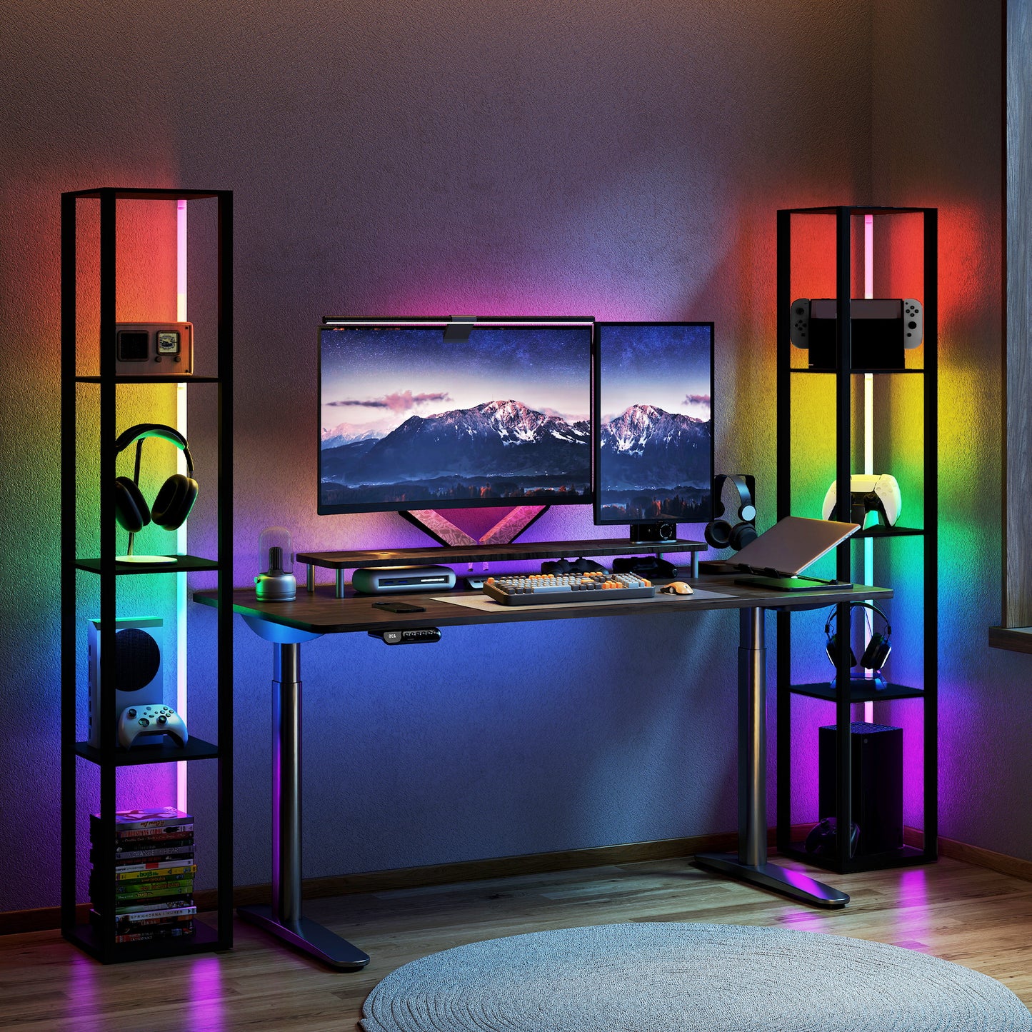 HOMCOM RGB LED Floor Lamp with Shelves, Modern Dimmable Standing Lamp with Remote Control, Adjustable Brightness & Speed for Living Room, Bedroom, Office, Black