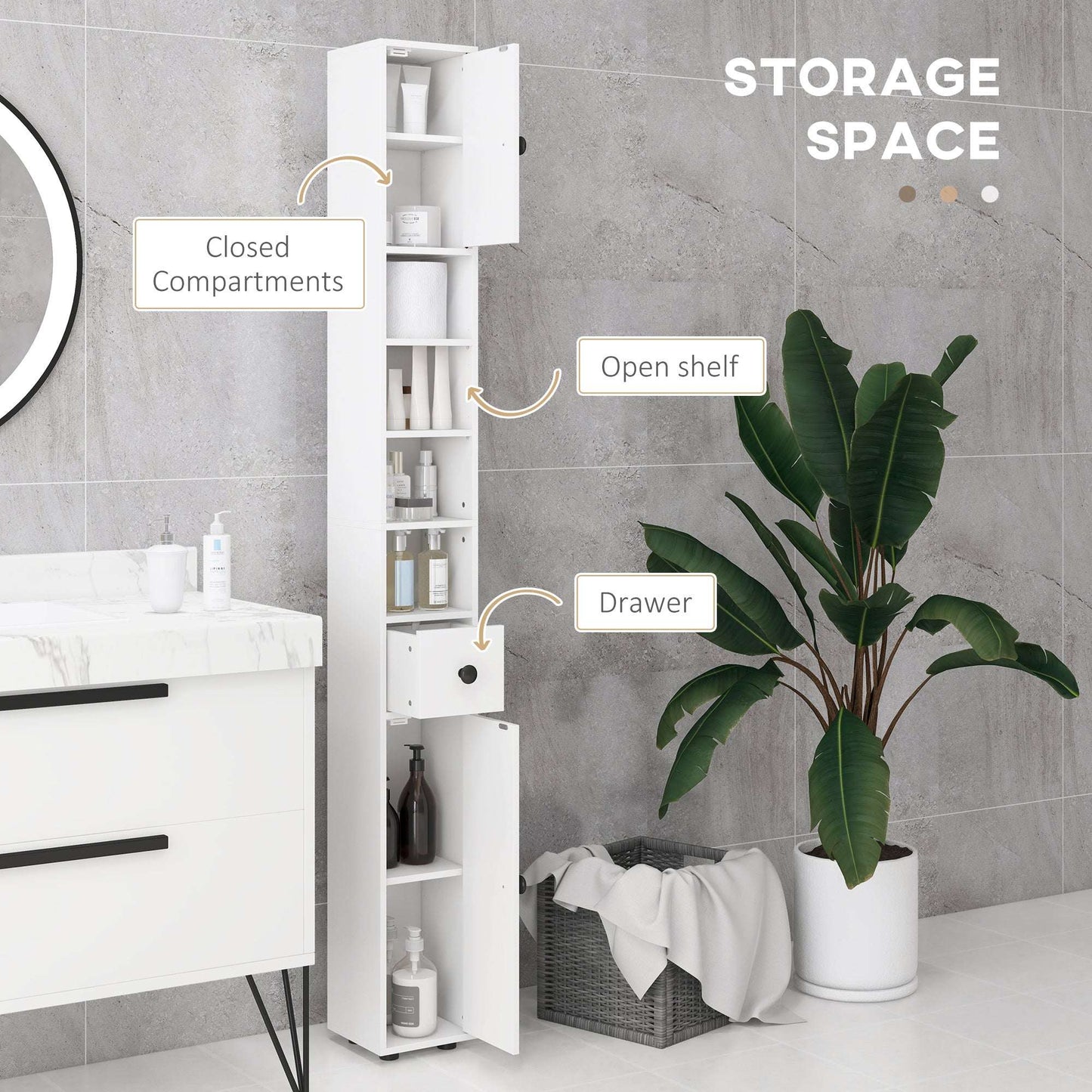 kleankin 180cm Slim Bathroom Cabinet with 9-layered Independent Storage for Family-friendly Storage  - White