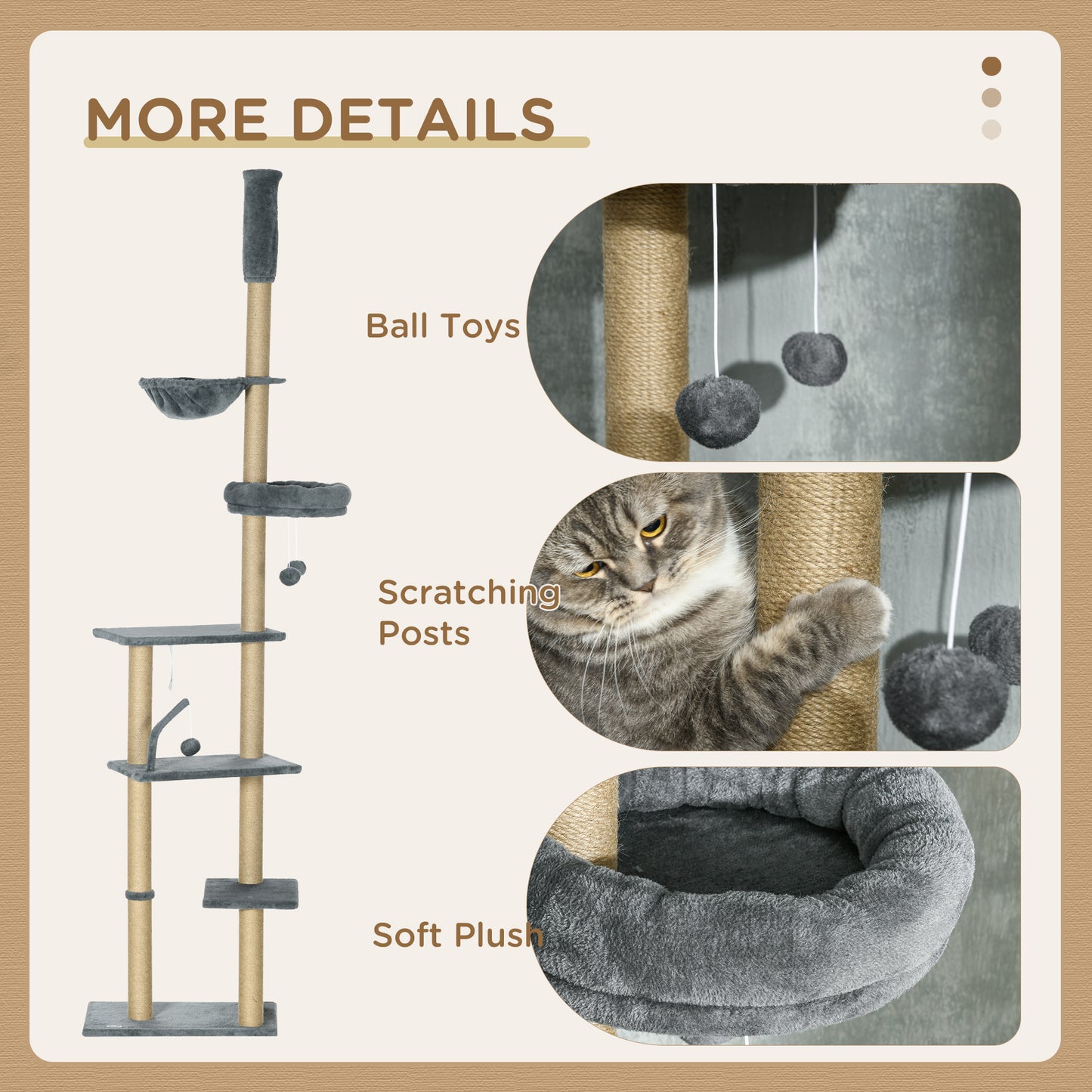 PawHut 230-250cm Floor-to-Ceiling Climbing Cat Tree Tower - Grey