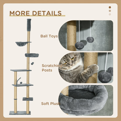 PawHut 230-250cm Floor-to-Ceiling Climbing Cat Tree Tower - Grey