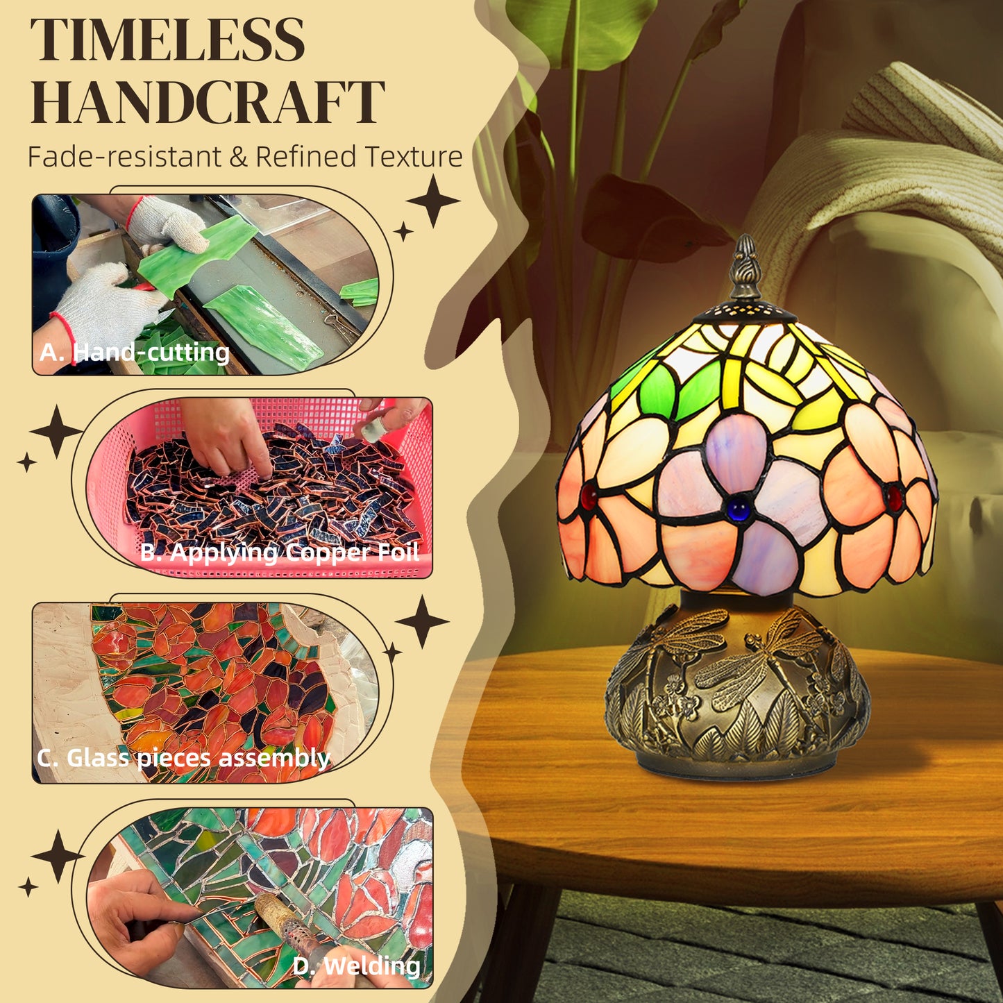 HOMCOM Tiffany-Style Table Lamp with Sculpted Dragonfly Base, Handcrafted Classic Stained Glass Bedside Lamp for Living Room and Bedroom, E27 Socket, Pink