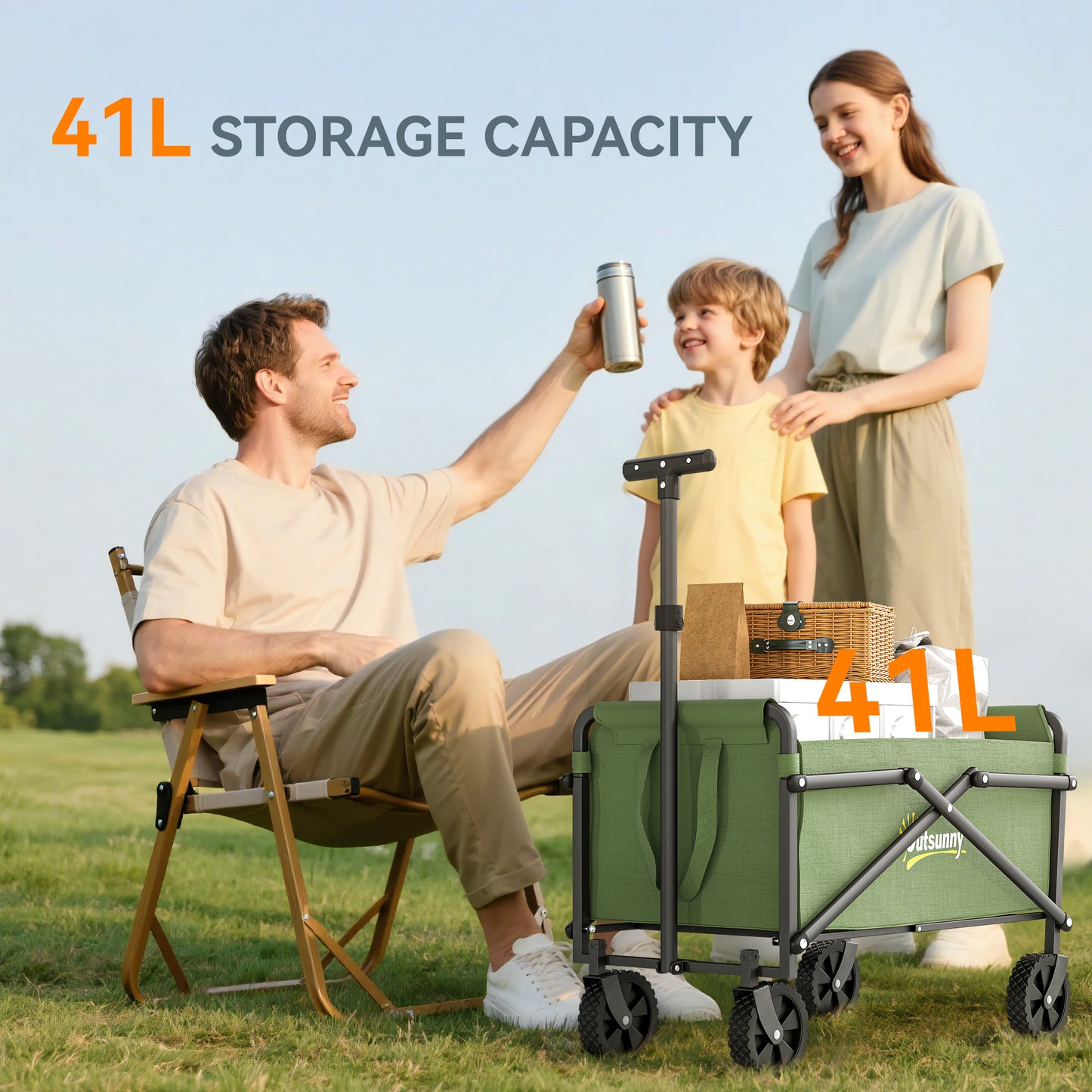 Outsunny 41L Festival Trolley on Wheels, Compact Garden Folding Trolley Cart, 60kg Heavy Duty Collapsible Foldable Wagon with Adjustable Handle and Carrying Bag for Beach, Camping, Festival, Green