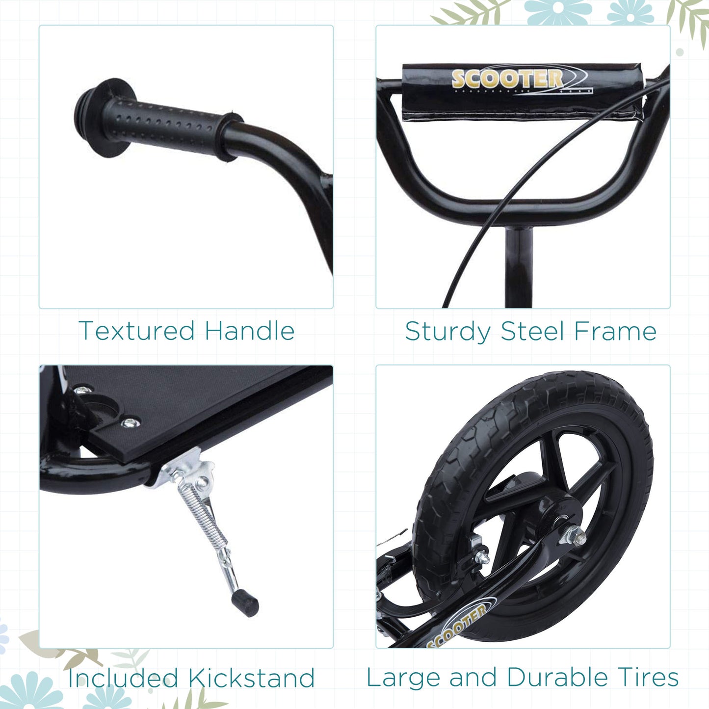 HOMCOM Kids Scooter Kick Scooter, with 12" EVA Tyres, Rear Brake, Big Wheels Scooter for 5-12 Years , Black