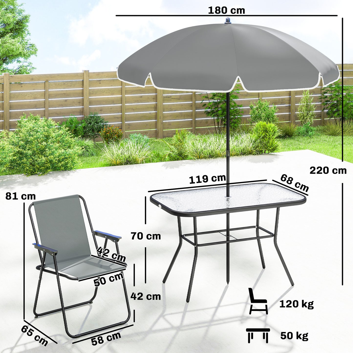 Outsunny 8 Piece Garden Dining Set with Umbrella, Garden Furniture Set with 6 Folding Chairs, Tempered Glass Table for Patio Grey--ChewyGames-ChewyGames