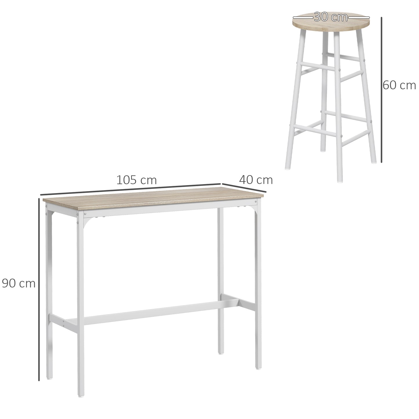 HOMCOM 3 Piece Bar Table Set with 2 Stools, Industrial Bar Table and Stool, Dining Table and Chair, Oak