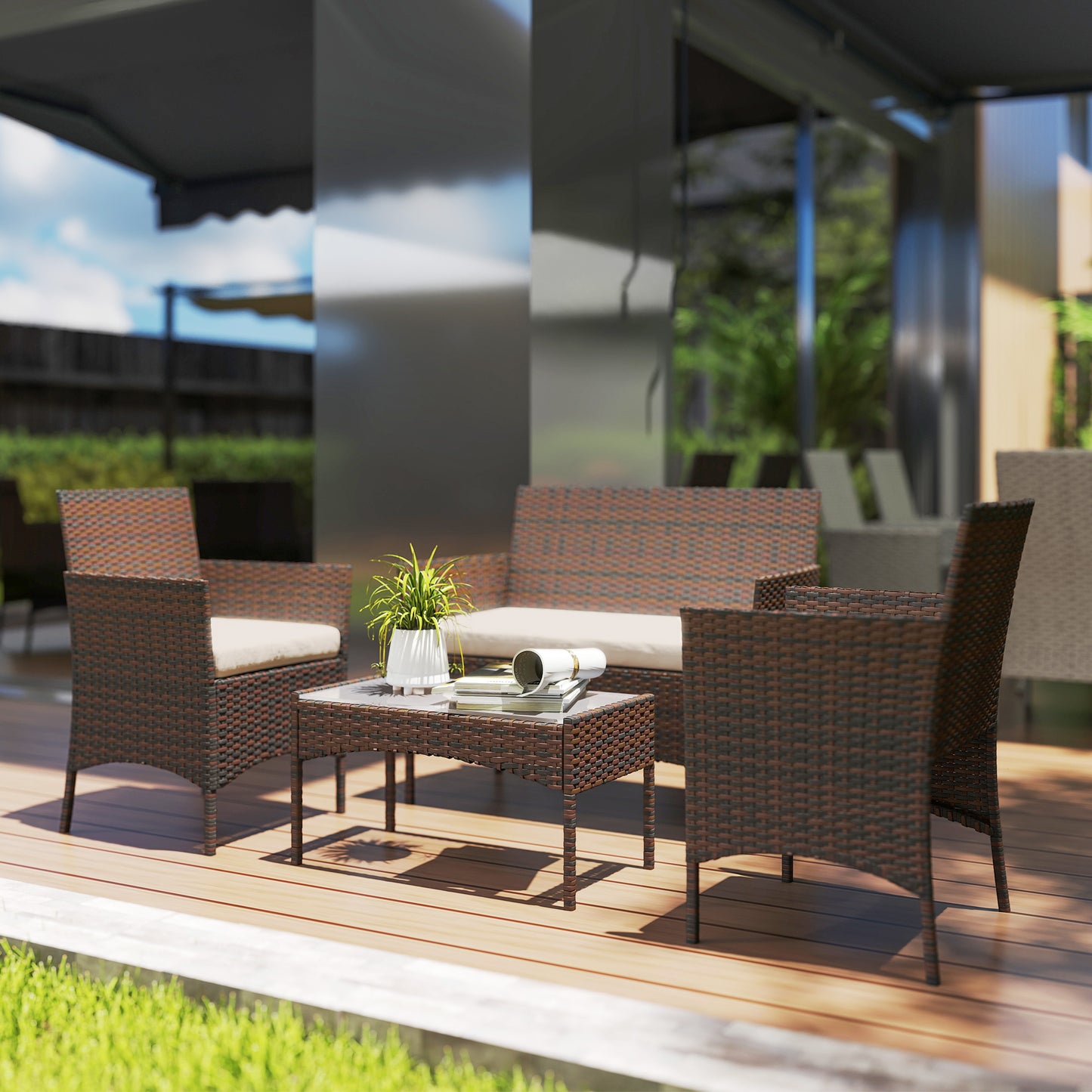 Outsunny 4 Piece Rattan Garden Furniture Sofa Set with Loveseat, Armchairs, Glass-Top Coffee Table and Cushions, Brown