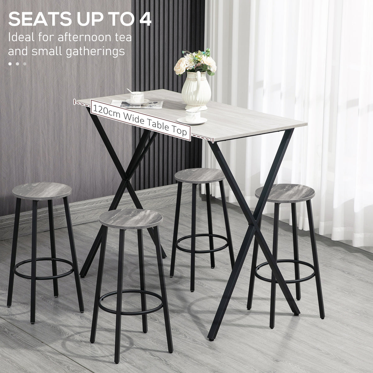 HOMCOM 120 cm Rectangular Bar Table for 4 People, Modern Breakfast Bar Table with Wood Effect Tabletop, Steel Legs, Coffee Desk for Living Room, White