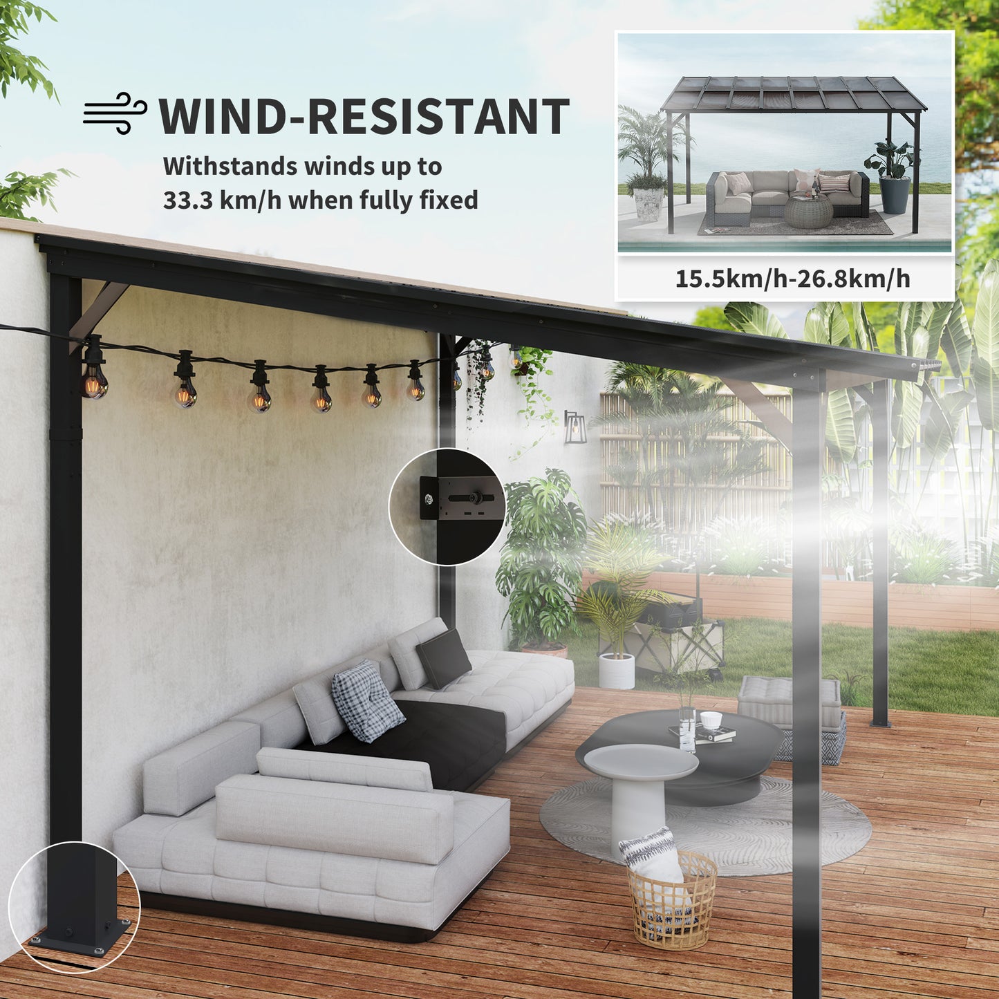 Outsunny 3 x 4.3 m Lean to Pergola with UPF 50+ Waterproof Polycarbonate Roof, Wall-Mounted or Free Standing Hardtop Roof Garden Metal Pergola Gazebo, Heavy Duty Outdoor Sun Shade, Dark Grey--ChewyGames-ChewyGames