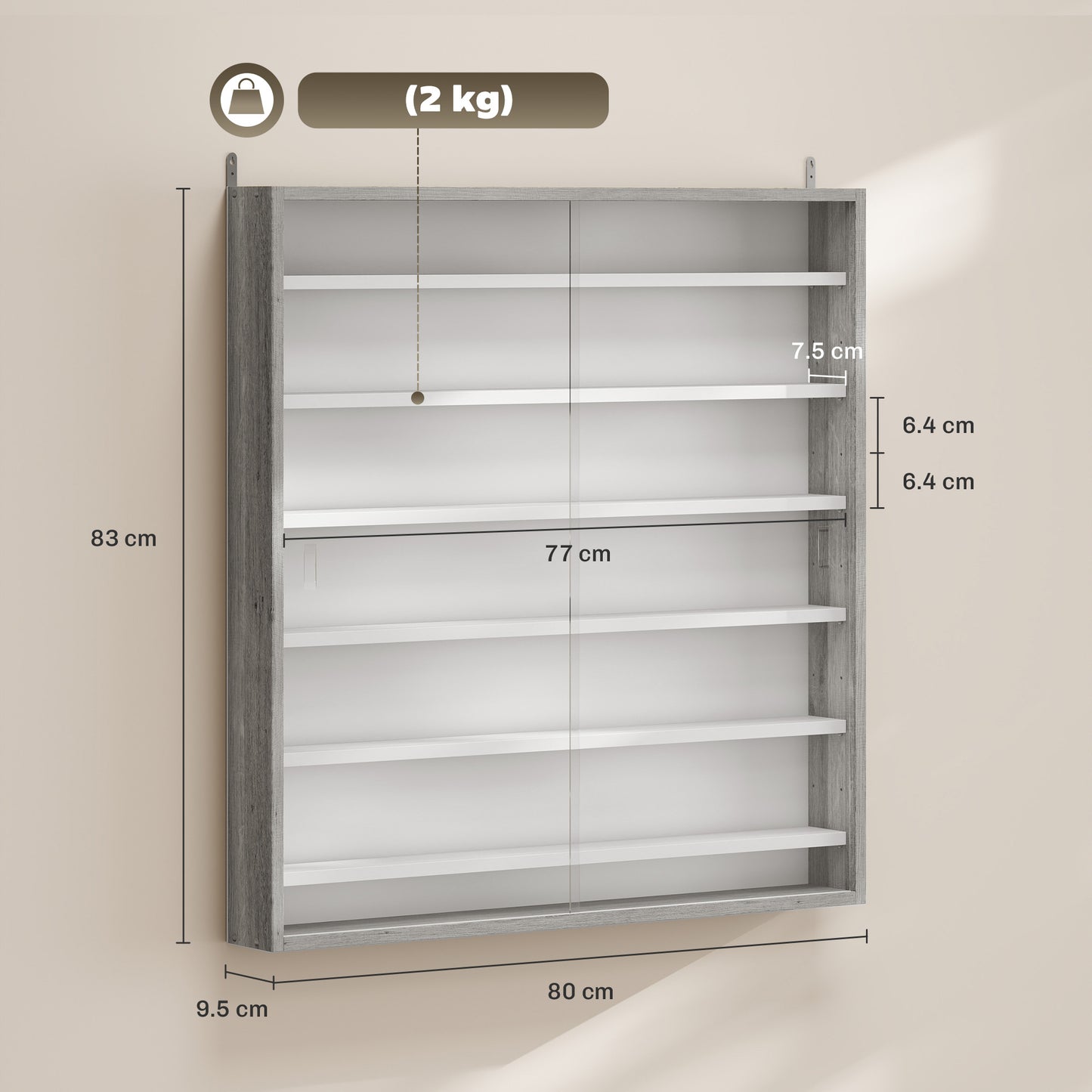HOMCOM Six Shelf Display Cabinet, with Glass Doors - Graphite Wood Effect