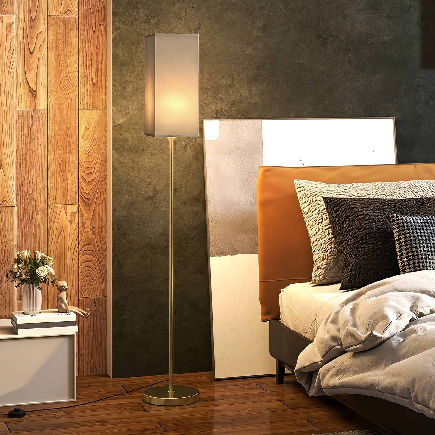 HOMCOM Floor Lamp, Modern Standing Lamp with Linen Shade and Foot Switch, Tall Lamps for Bedroom, Bulb not Included, Gold Tone