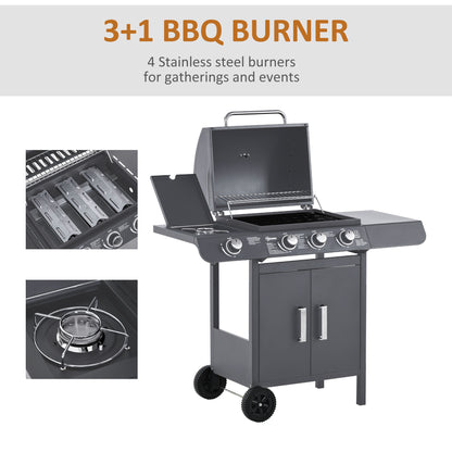 Outsunny 3+1 Burner Gas BBQ Grill, Outdoor Barbecue Trolley with Wheels, Warming Rack, Side Shelves, Cabinet, Thermometer for Garden, Party, Camping, 110L x 50W x 100Hcm, Grey