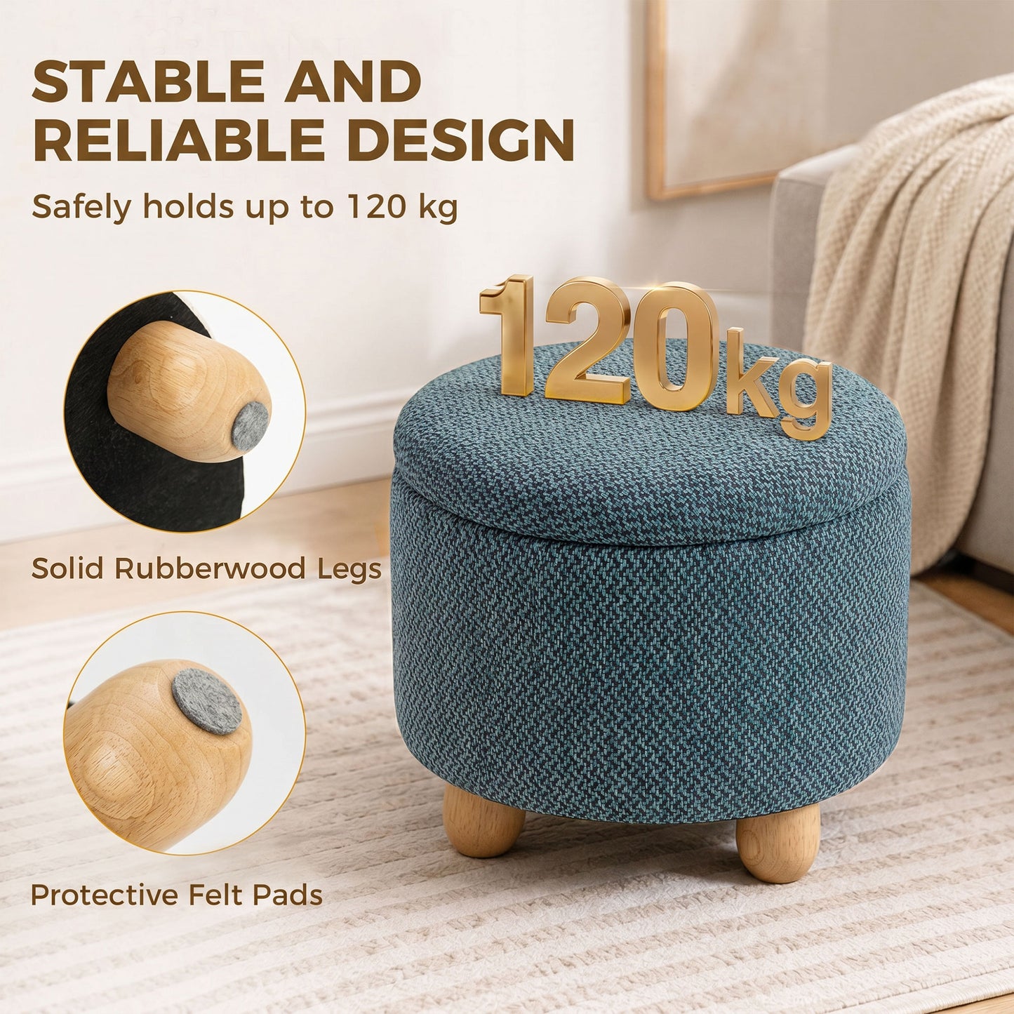 HOMCOM Storage Sitting Bench with Lid, Round Storage Ottoman with Rubberwood Legs, Dark Blue