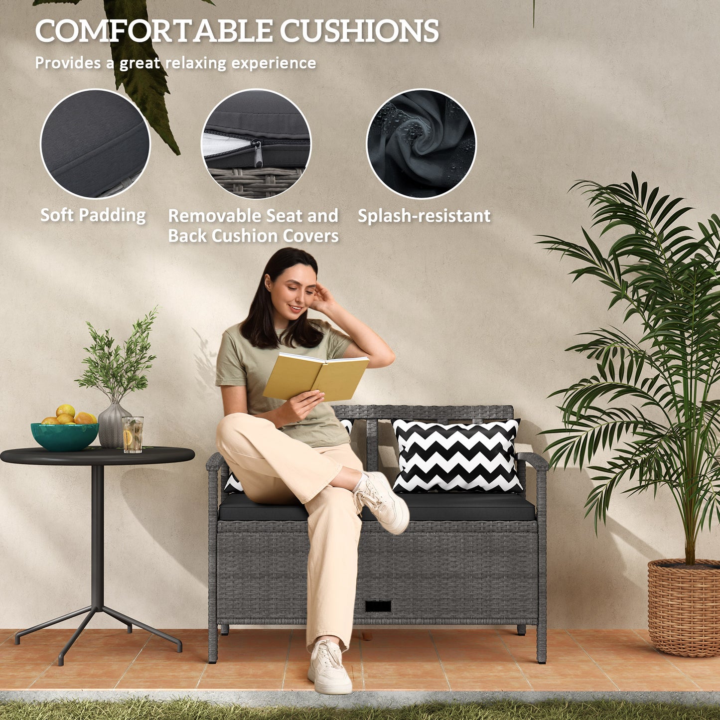 Outsunny 160L Storage Two-Seater Rattan Bench - Grey--ChewyGames-ChewyGames