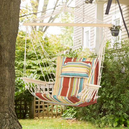 Outsunny Hanging Hammock Chair Swing Chair Thick Rope Frame Safe Wide Seat Indoor Outdoor Home, Patio, Yard, Garde Spot Stylish Multi-Color Stripe--ChewyGames-ChewyGames