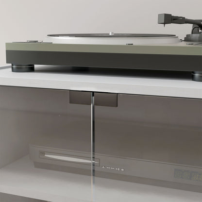 HOMCOM 4-Tier Hi-Fi Stand,  Record Player Stand with Adjustable Shelves and Push-to-Open Glass Doors, White Wood-Effect