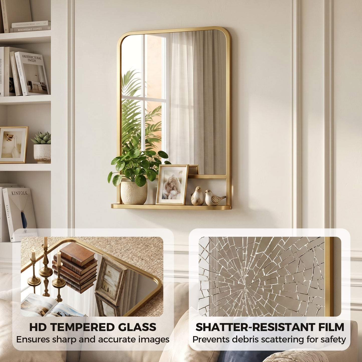 HOMCOM Modern Rectangular Wall Mirror with Storage Shelf, 70 x 50 cm, Gold Tone