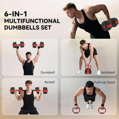 SPORTNOW 6-in-1 Adjustable Weight Dumbbells Set, Used as Kettlebell, Barbell, Dumbbell, Push-Up Stand, 30kg Free Weights Set for Men and Women Home Gym Training, Red