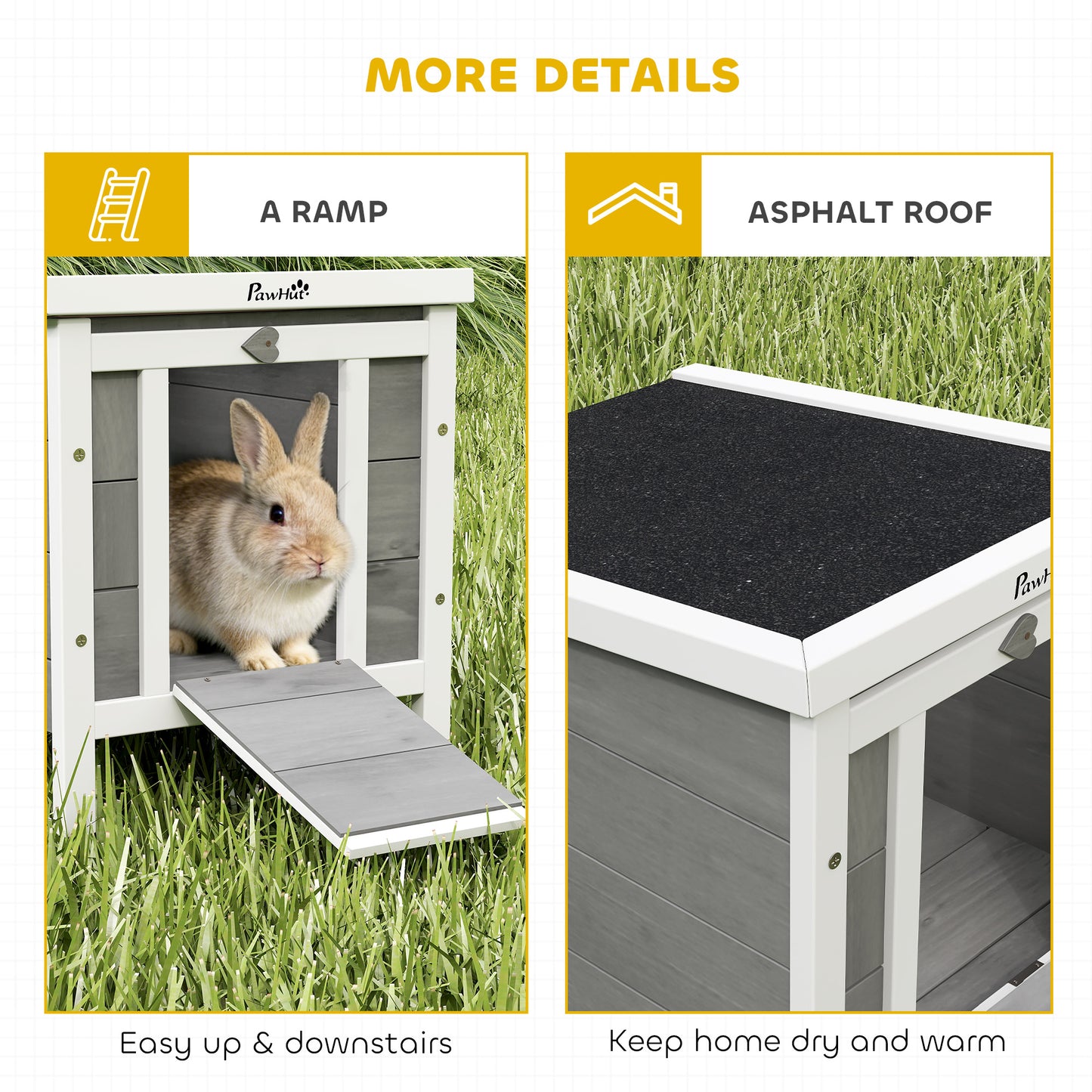 PawHut Wooden Rabbit Hutch Outdoor, Guinea Pig Hutch, Rabbit Hideaway, Cat House, Bunny Cage Small Animal House with Openable Roof, 51 x 42 x 43 cm, Grey