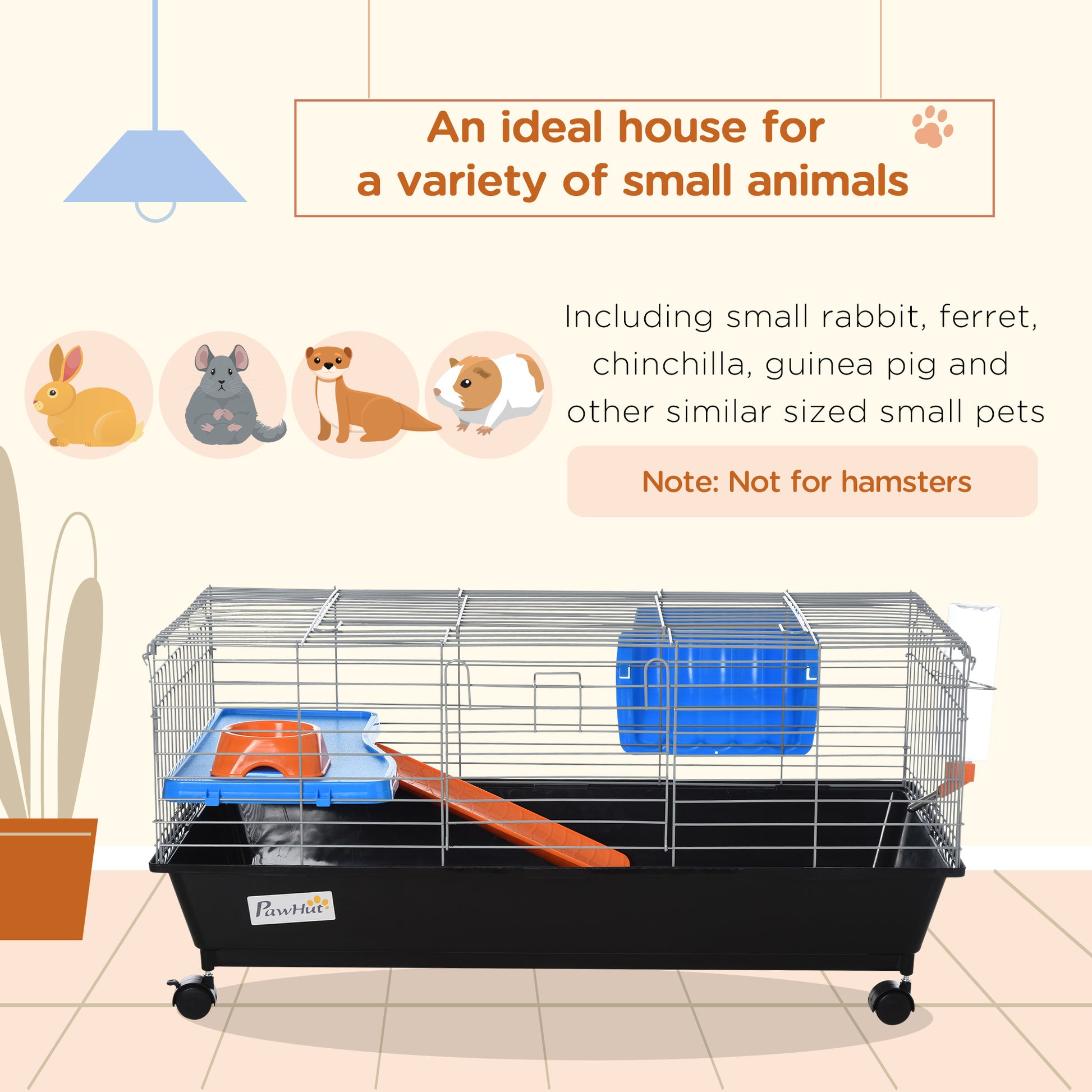 PawHut Small Animal Cage Rabbit Guinea Pigs Chinchillas Cage w/ Wheels Water Bottle Food Dish Platform Ramp 89 x 44 x 43 cm Black--ChewyGames-ChewyGames