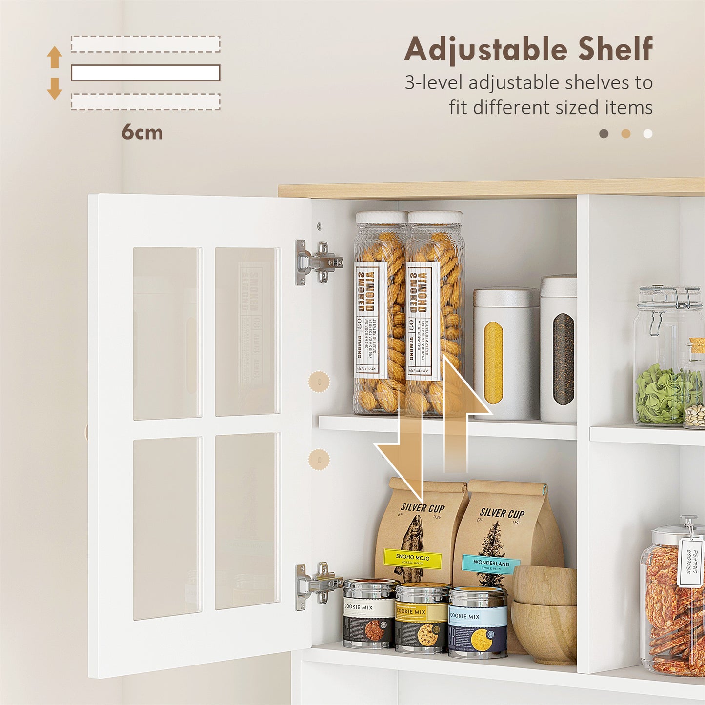 HOMCOM Freestanding Kitchen Cupboard, Storage Cabinet with Doors and Adjustable Shelves, Counter Top, Grid Glass Doors, 80L x 37W x 183H cm - White