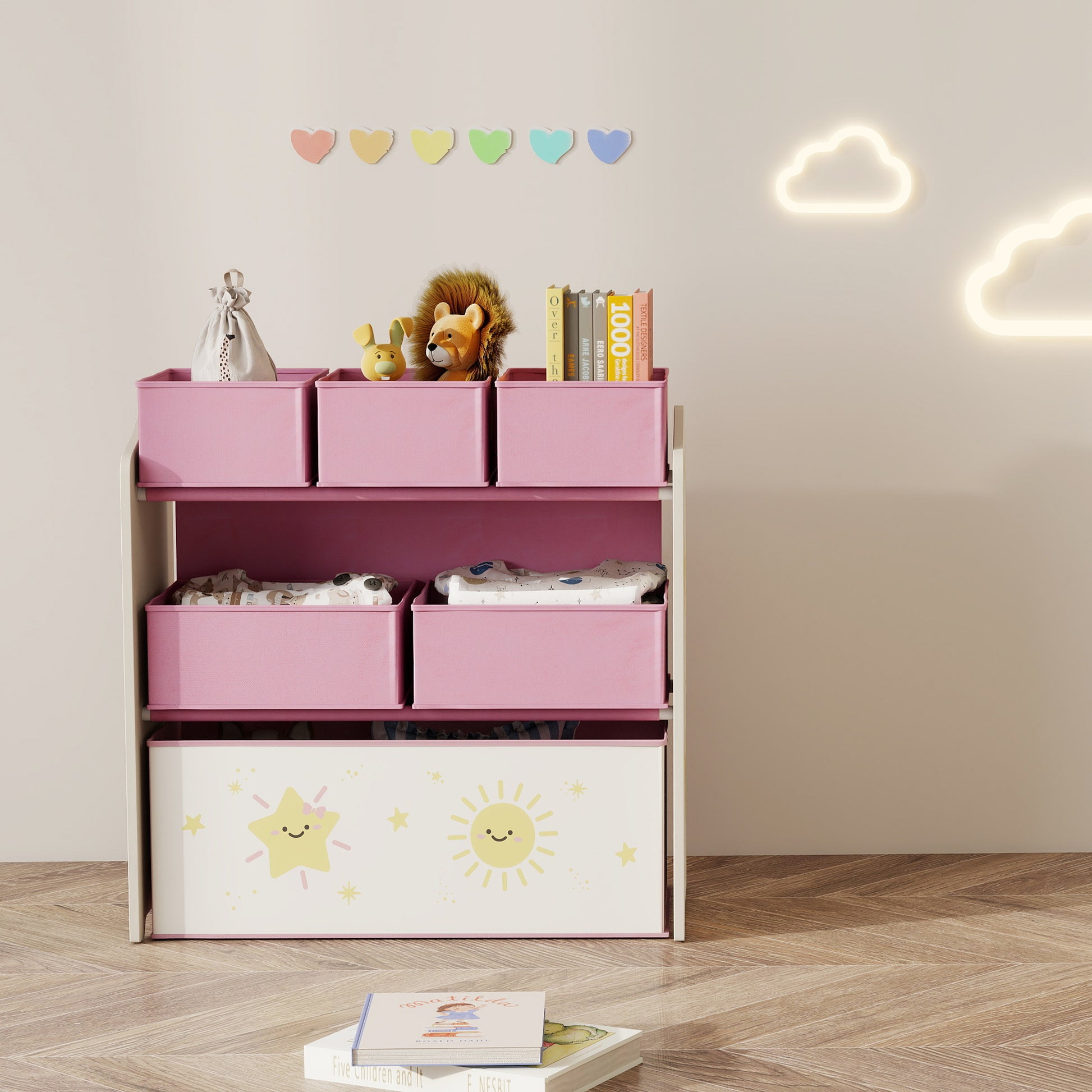 AIYAPLAY Kids Toy Storage Units, 3-Tier Toy Organiser Shelf with 6 Removable Boxes for Kids, Bedroom, Playroom, Pink--ChewyGames-ChewyGames