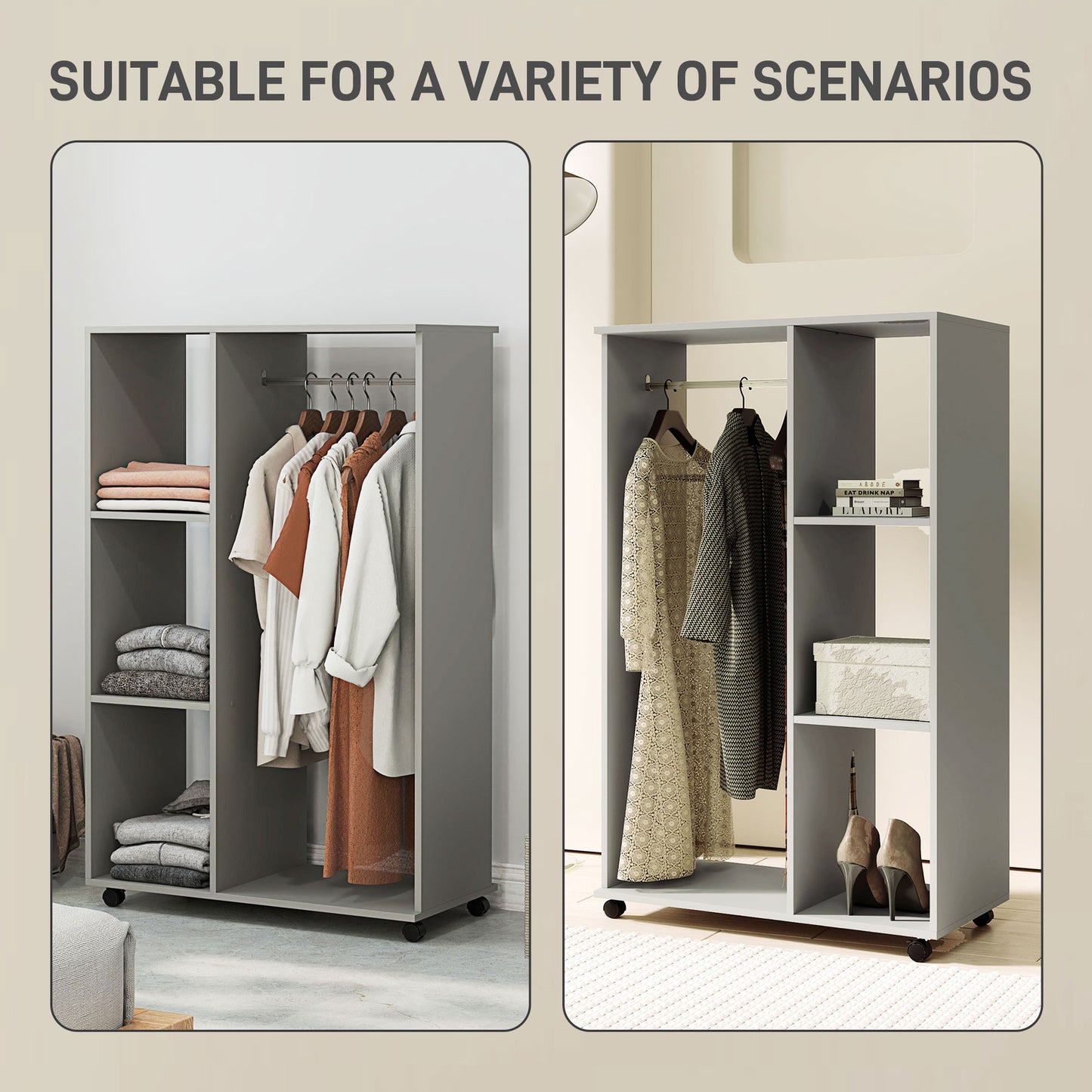 HOMCOM Open Wardrobe on Wheels, Bedroom Wardrobe with Clothes Hanging Rail, 3 Storage Shelves, Mobile Garment Rack for Cloakroom, Hallway, Grey