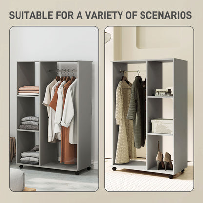 HOMCOM Open Wardrobe on Wheels, Bedroom Wardrobe with Clothes Hanging Rail, 3 Storage Shelves, Mobile Garment Rack for Cloakroom, Hallway, Grey