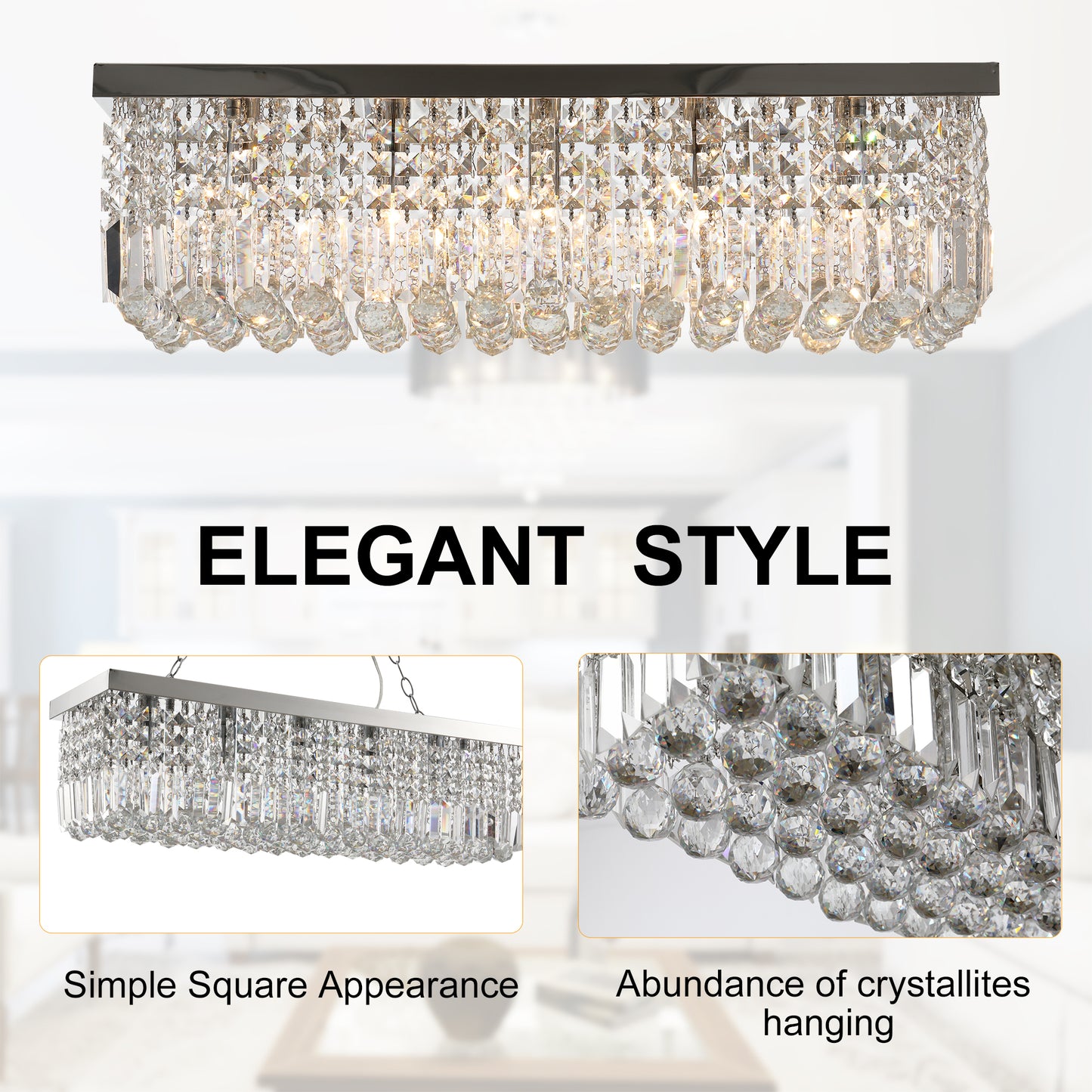 HOMCOM Modern Crystal Ceiling Light Square Crystal Chandelier for Living Room, Dining Room, Hall, 5 x E14 Lamp Holders, Silver, 80 x 25 x 23cm