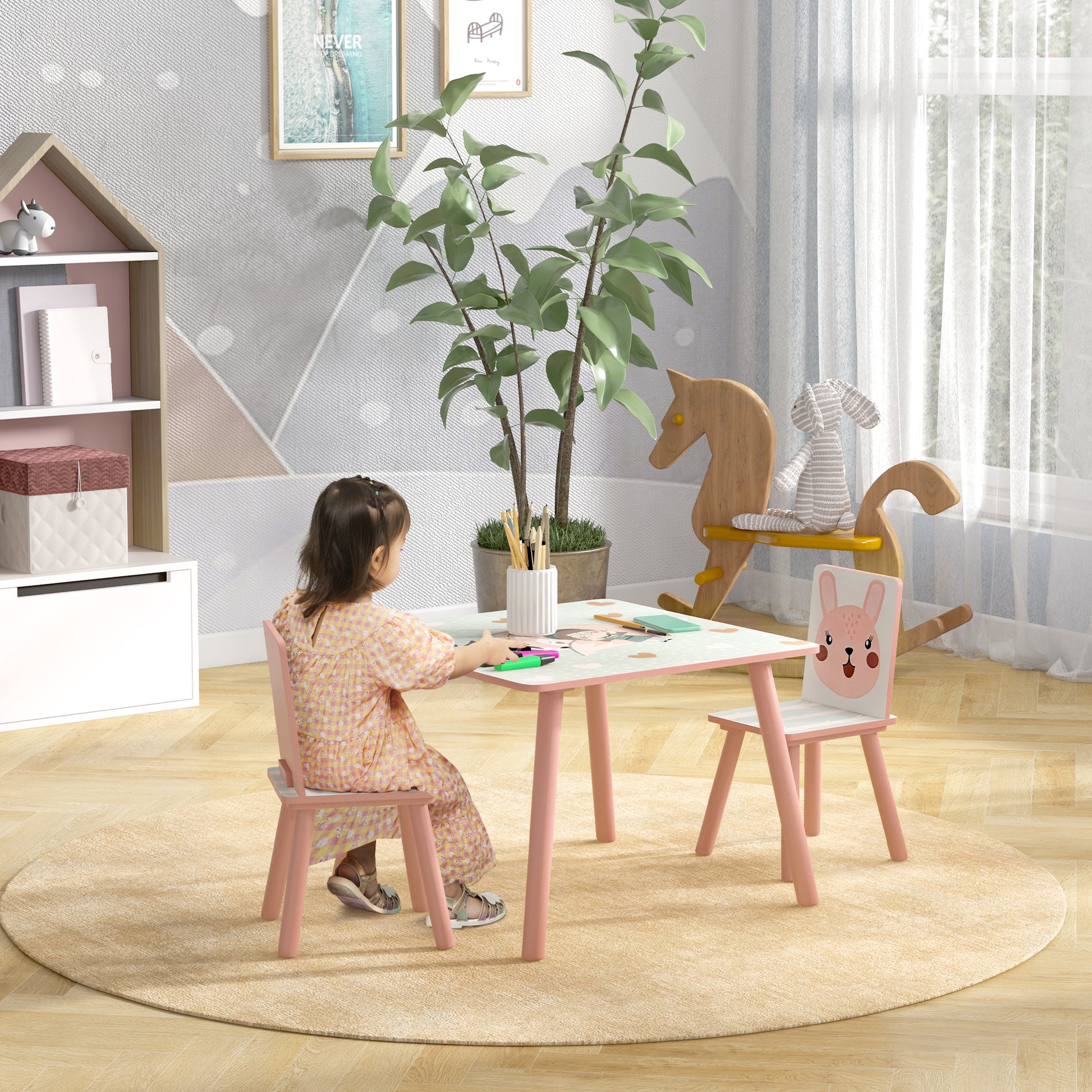ZONEKIZ Kids and Table Chairs, Children Desk with Two Chairs, Toddler Furniture Set, for Ages 3-6 Years - Pink--ChewyGames-ChewyGames