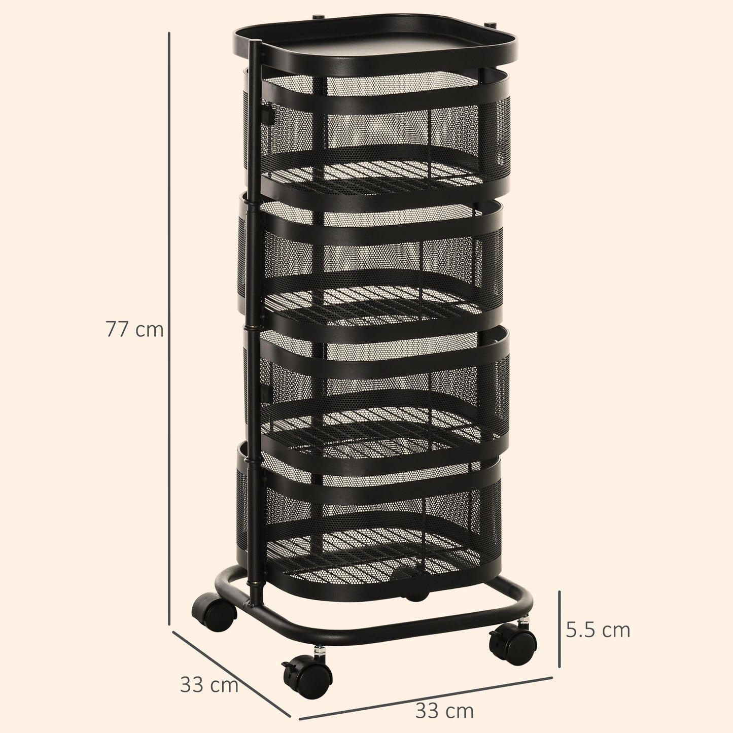 HOMCOM Metal Storage Cart, 4-Tier Storage Trolley on Wheels with 4 Mesh Baskets and Top Tray, Black