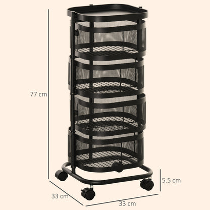 HOMCOM Metal Storage Cart, 4-Tier Storage Trolley on Wheels with 4 Mesh Baskets and Top Tray, Black