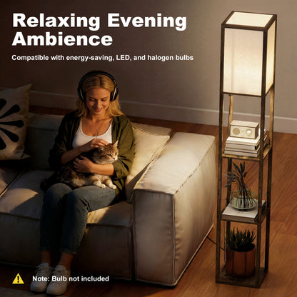 HOMCOM 3-Tier Floor Lamp with Shelves and Storage, Modern Corner Standing Lamp with Lampshade, Reading Light with Foot Switch for Living Room, Bedroom, Home Office, Bulb not Included, Brown