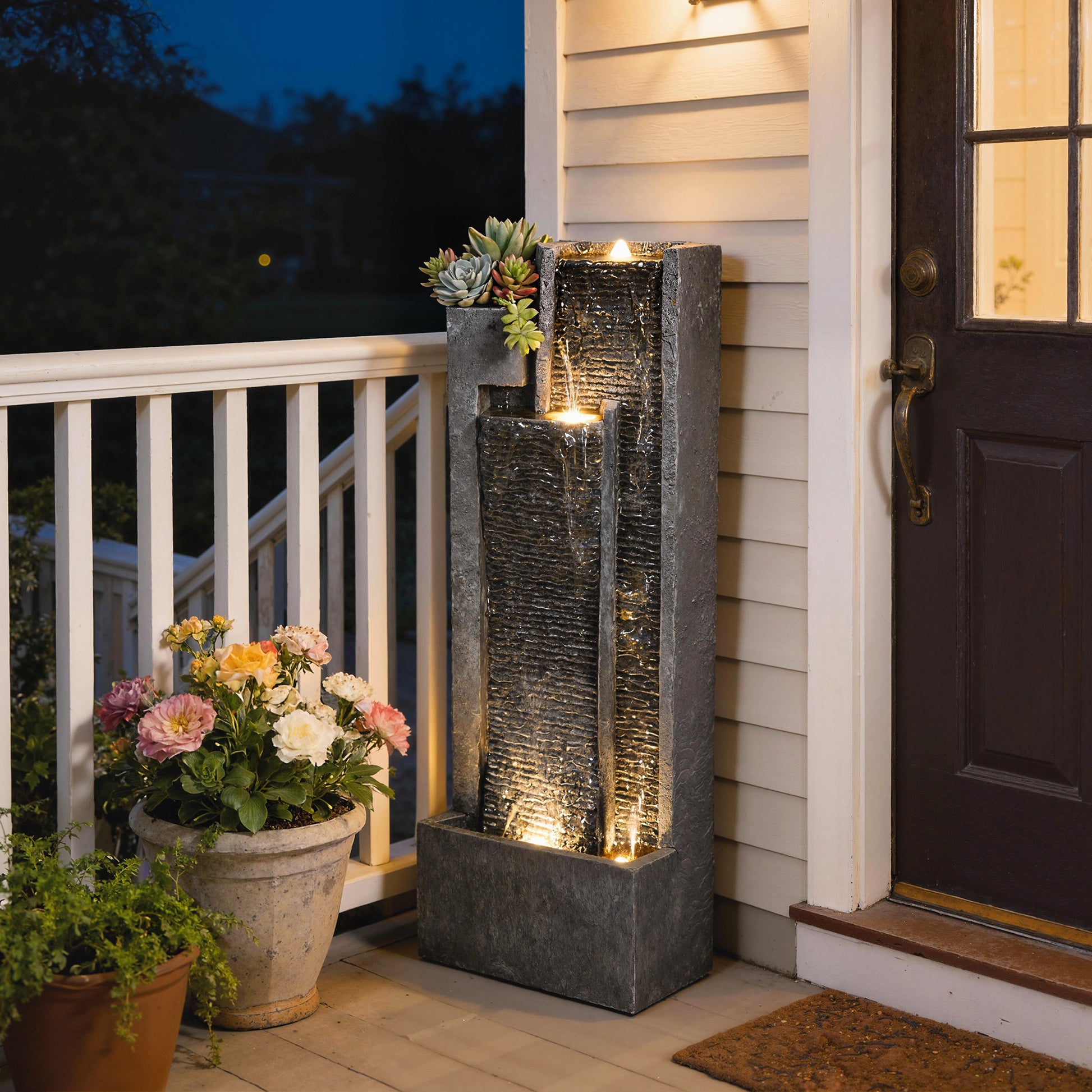 Outsunny Water Feature with LED Lights and Planter, 3-Tier Garden Water Fountain with Pump, Resin Waterfall Feature, Dark Grey--ChewyGames-ChewyGames