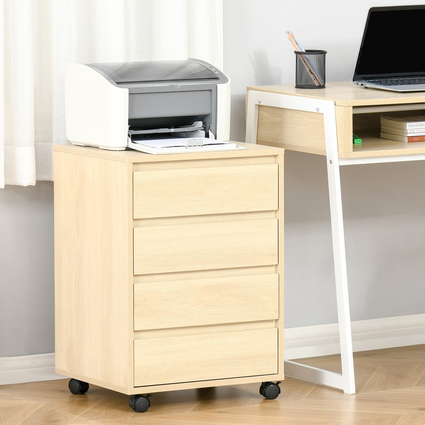 HOMCOM Four-Drawer Office Filing Cabinet, with Wheels - Natural Wood Finish