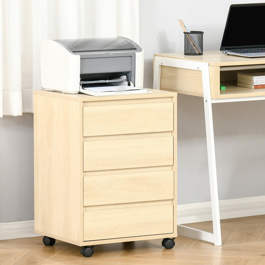 HOMCOM Four-Drawer Office Filing Cabinet, with Wheels - Natural Wood Finish