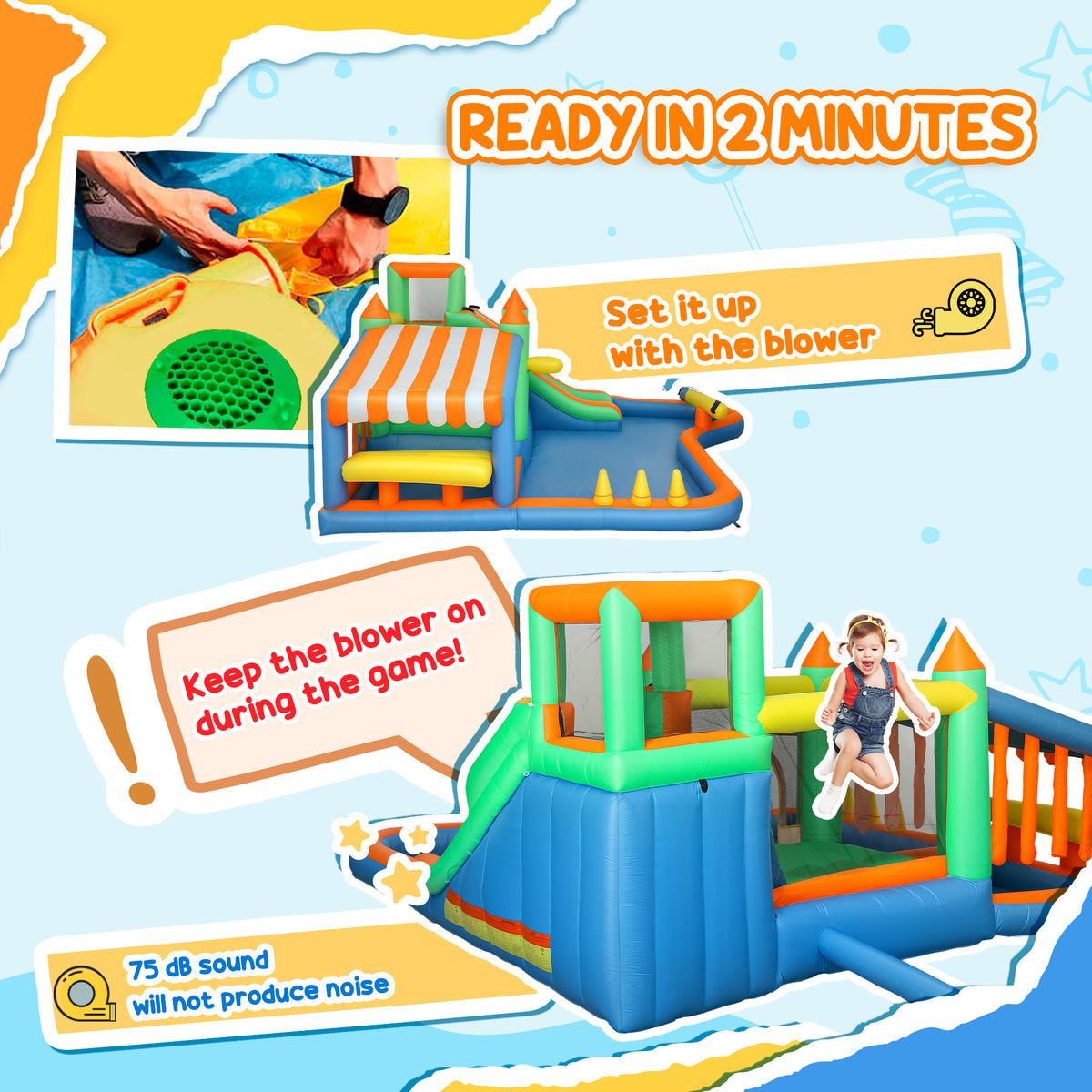 AIYAPLAY 8 in 1 Inflatable Bounce House with 550W Blower, Slide, 2 Pools, Basketball Hoop, Climbing Wall, Water Gun, Ring Toss