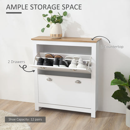 HOMCOM 2 Drawer Shoe Cabinet Modern Narrow Shoe Cupboard Hallway Wooden Storage Organiser with Flip Doors Adjustable Shelf for 6-12 Pairs, White