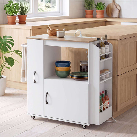 HOMCOM Kitchen Trolley on Wheels, Rolling Kitchen Island Cart with Power Outlet, Cabinet, Pull-Out Drawer, White