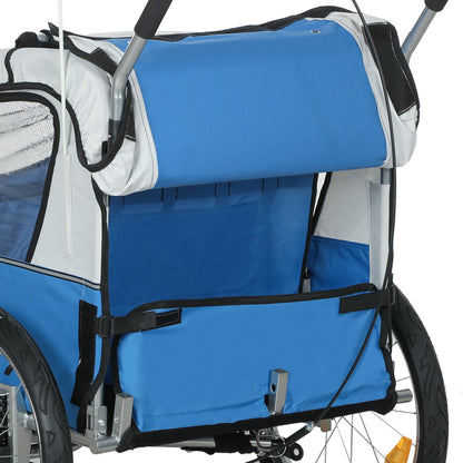 HOMCOM 2 Seat Bike Trailer with 5 Point Harness, Baby Bike Stroller with Safety Flag, Reflectors, for 18+ Months, Blue