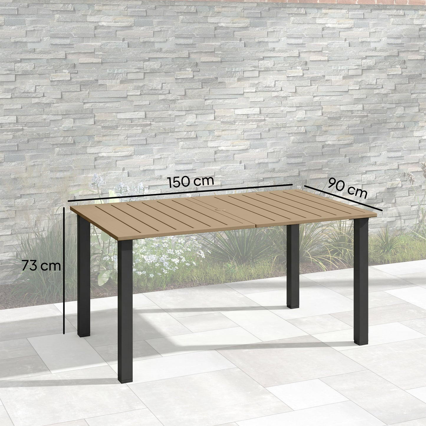 Outsunny Garden Dining Table for 6 with Parasol Hole, Rectangle Outdoor Garden Table with Slatted Metal Top, Steel Frame, Brown