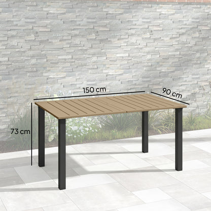 Outsunny Garden Dining Table for 6 with Parasol Hole, Rectangle Outdoor Garden Table with Slatted Metal Top, Steel Frame, Brown