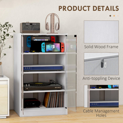 HOMCOM 4-Tier Hi-Fi Stand,  Record Player Stand with Adjustable Shelves and Push-to-Open Glass Doors, White Wood-Effect