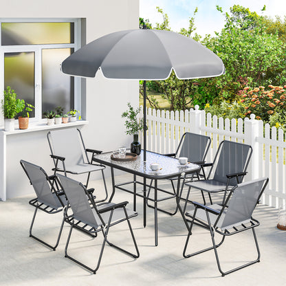 Outsunny 8 Piece Garden Dining Set with Umbrella, Garden Furniture Set with 6 Folding Chairs, Tempered Glass Table for Patio Grey--ChewyGames-ChewyGames