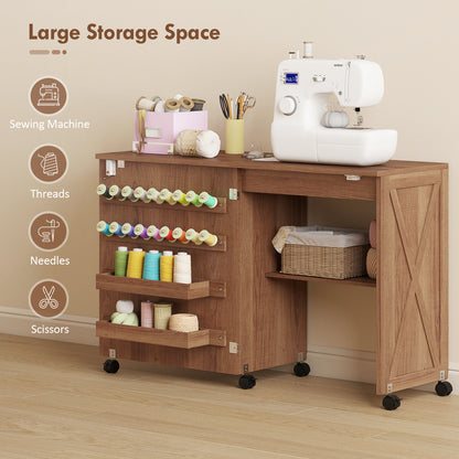 HOMCOM Folding Sewing Table, Rolling Craft Table with Storage compartments, Shelf and Lockable Casters for Small Spaces, Brown